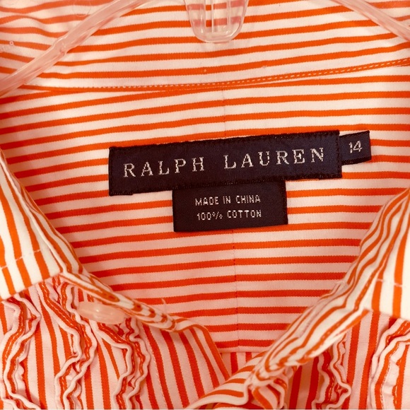 Ralph Lauren Ruffle Shirt Women Sz 14 Button UP Long Sleeve Orange White Striped - Picture 8 of 11